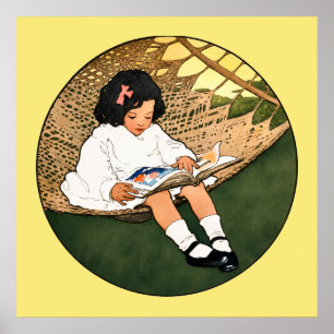 Antikes Mädchen beim Lesen in einer Hängematte Poster
