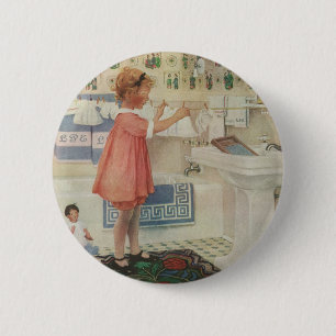 Antikes Mädchen, Kind beim Wäschewaschen und Aufhä Button