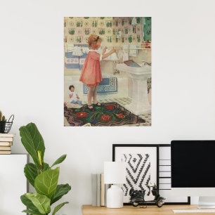 Antikes Mädchen, Kind beim Wäschewaschen und Aufhä Poster