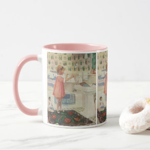 Antikes Mädchen, Kind beim Wäschewaschen und Aufhä Tasse