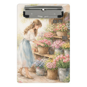 Antikes Mädchen mit Klemmbrett auf dem Blumenmarkt