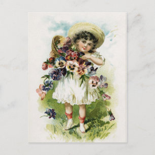 Antikes Mädchen mit Stiefmütterchen Postkarte