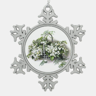 Antikes Maiglöckchen-Blumenkorb Schneeflocken Zinn-Ornament