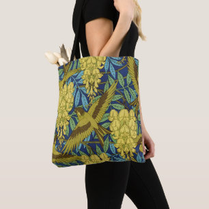 Antikes Marineblau-Vogel- und Gelb-Blumenmuster