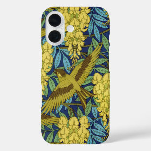 Antikes Marineblau-Vogel- und Gelb-Blumenmuster iPhone 16 Hülle