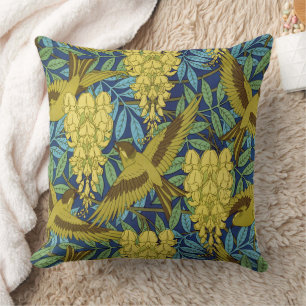 Antikes Marineblau-Vogel- und Gelb-Blumenmuster Kissen
