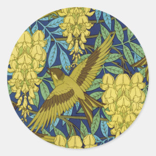 Antikes Marineblau-Vogel- und Gelb-Blumenmuster Runder Aufkleber