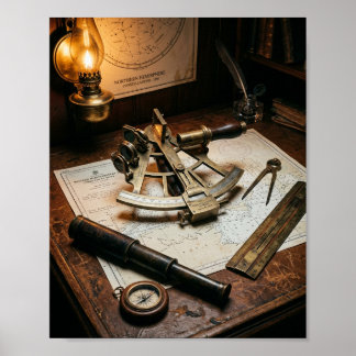 Antikes Messing-Sextant & Navigations-Schreibtisch Poster