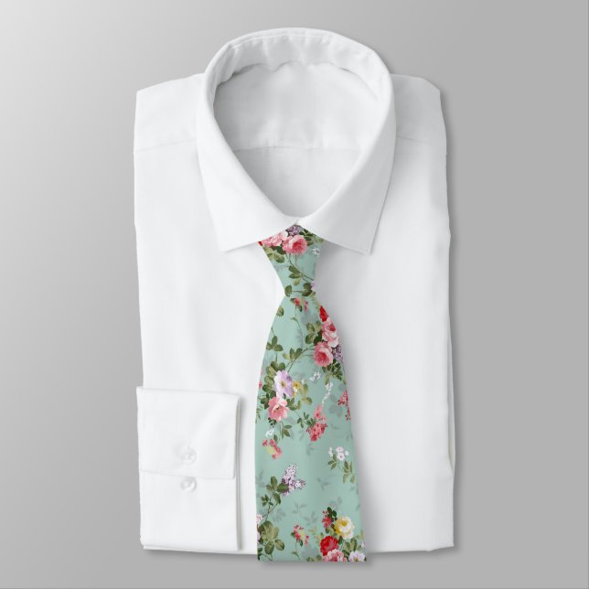 Antikes Mintgrün Blumenmuster Krawatte (Gebunden)