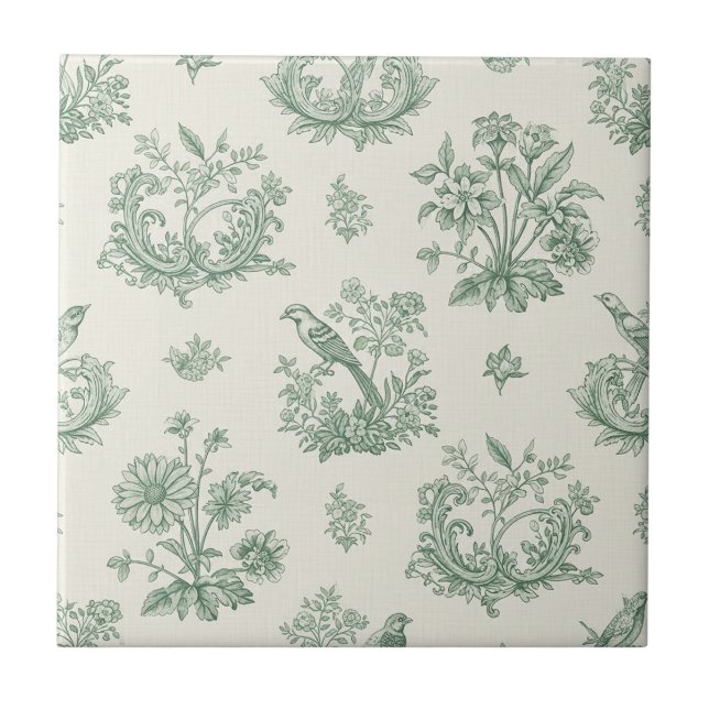 Antikes Mintgrün-Vogel-Toile-Blumenmuster Fliese (Vorderseite)