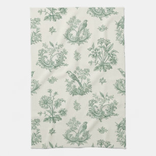 Antikes Mintgrün-Vogel-Toile-Blumenmuster Geschirrtuch