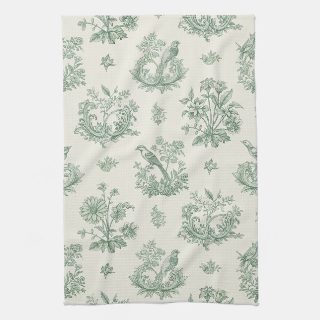 Antikes Mintgrün-Vogel-Toile-Blumenmuster Geschirrtuch (Vertikal)