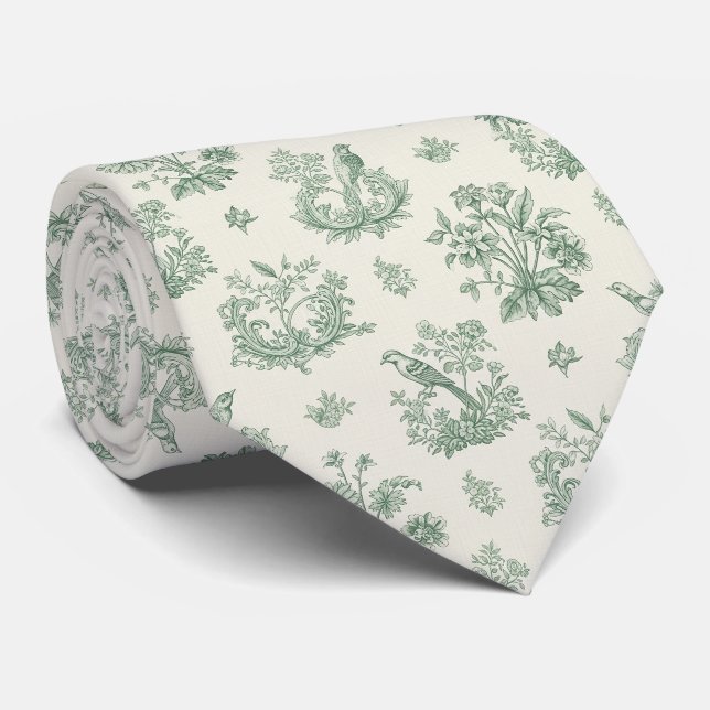 Antikes Mintgrün-Vogel-Toile-Blumenmuster Krawatte (Gerollt)