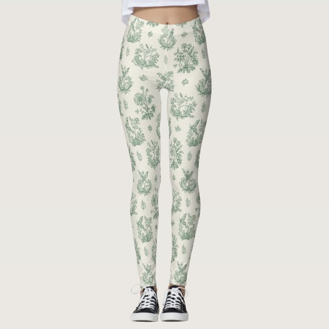 Antikes Mintgrün-Vogel-Toile-Blumenmuster Leggings (Vorderseite)