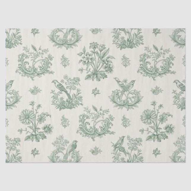 Antikes Mintgrün-Vogel-Toile-Blumenmuster Seidenpapier (Vorderseite)