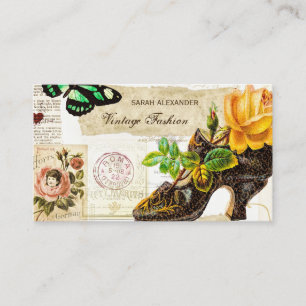 Antikes Modegeschäft Ephemera Gelbe Rose und Schuh Visitenkarte