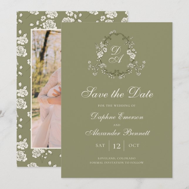 Antikes, monogrammgeprägtes, salbeigrünes Botanikm Save The Date (Vorne/Hinten)