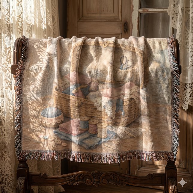 Antikes Nähkörbchen Landhausstil Pastell Decke (Vintage Sewing Basket Cottagecore Pastel Throw Blanket)