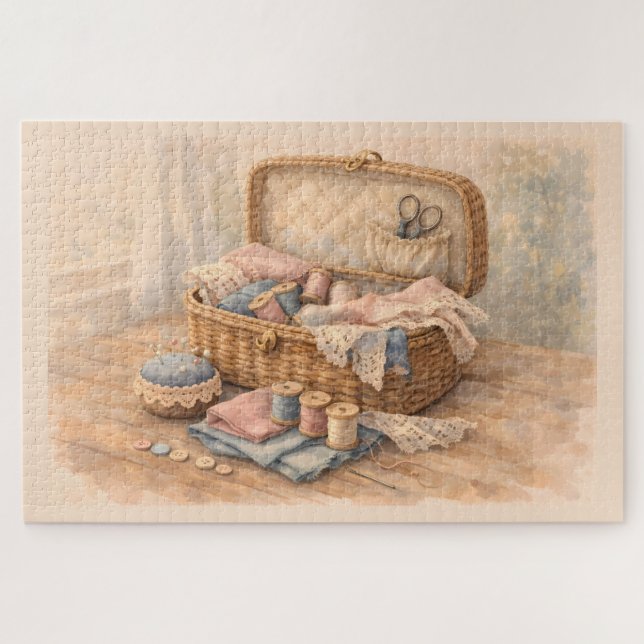 Antikes Nähkörbchen Landhausstil Pastell Puzzle (Horizontal)