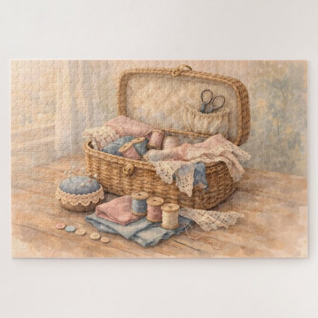 Antikes Nähkörbchen Landhausstil Pastell Puzzle (Horizontal)