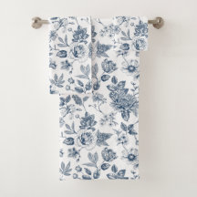 Antikes Navy-Blau-Blumen-Toile-De-Jouy-Muster 