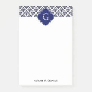 Antikes Navy Blau Weiß Damast #3 Navy Monogramm Post-it Klebezettel