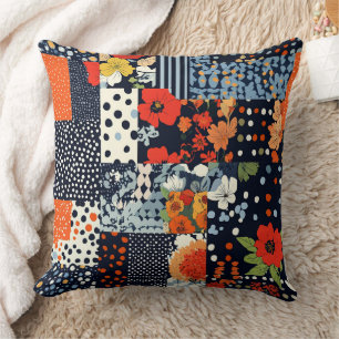 Antikes Navy-Korallen-Blumen-Patchwork-Quilt Kissen