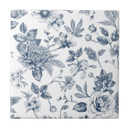 Antikes Navyblau-Blumen-Toile-De-Jouy-Muster  Fliese