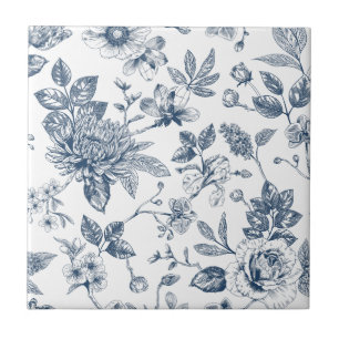 Antikes Navyblau-Blumen-Toile-De-Jouy-Muster  Fliese