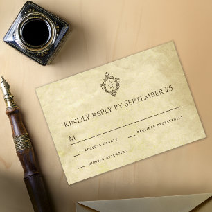 Antikes Papier Wappen-Monogramm für Hochzeit RSVP Karte