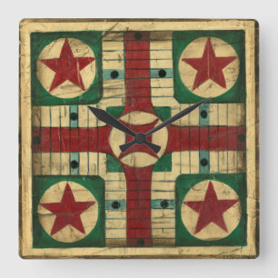 Antikes Parcheesi-Spielbrett von Ethan Harper Quadratische Wanduhr