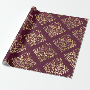 Antikes Paris Burgunder Rot und Gold Damast Geschenkpapier