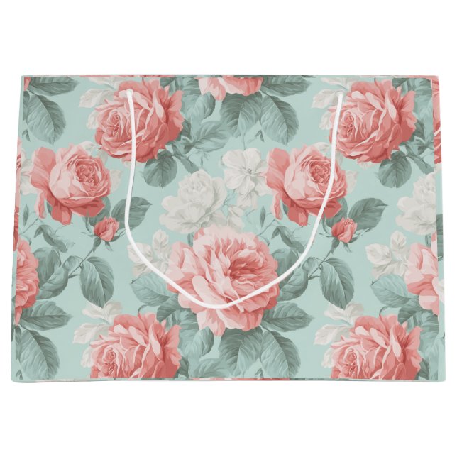 Antikes Pastell-Rosa-Mint-Blumenmuster Große Geschenktüte (Vorderseite)