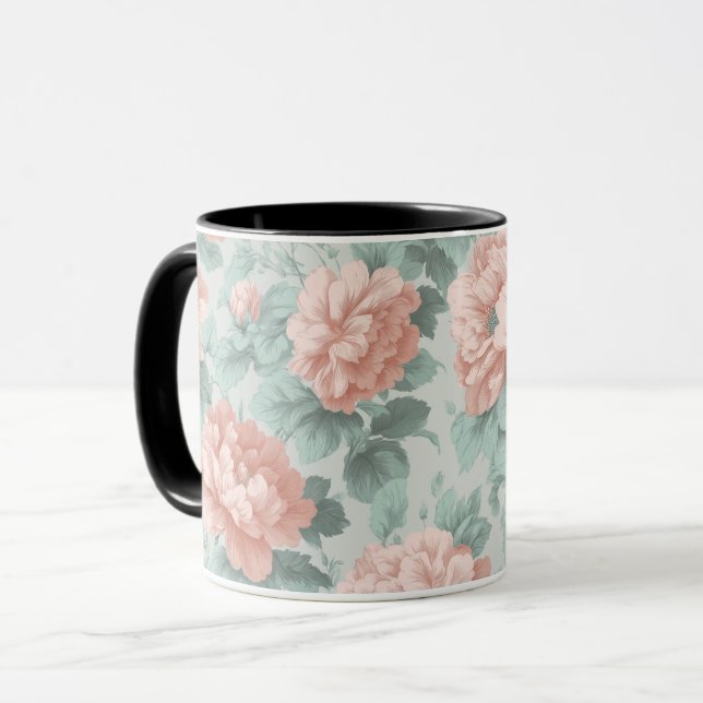 Antikes Pastell-Rosa-Mint-Blumenmuster Tasse (Vorderseite Links)