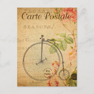 Antikes Penny-Farthing-Fahrrad Bike Floral Französ Postkarte