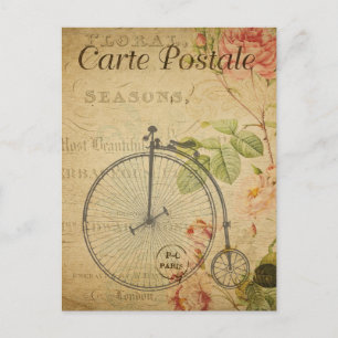 Antikes Penny-Farthing-Fahrrad rosa Rosen französi Postkarte
