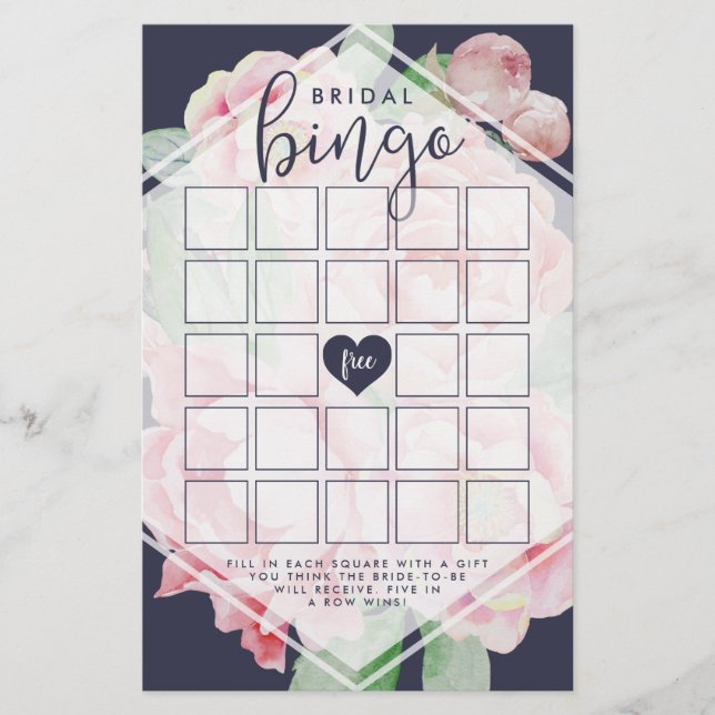 Antikes Peony Brautparty Bingo Spiel (Vorderseite)