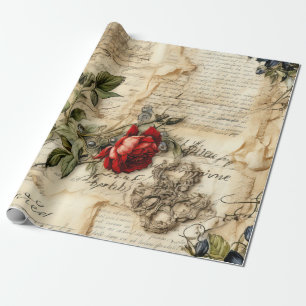 Antikes Pergament-Liebesbrief mit Blumen Geschenkpapier