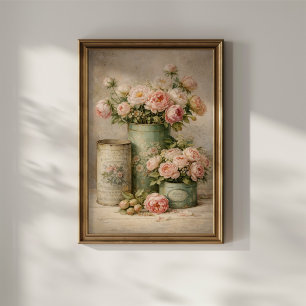 Antikes Pfingstrosenbouquet in antiken Blechdosen Poster