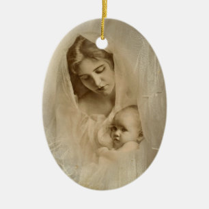 Antikes Porträt, liebevolle Mutter hält Babykind Keramik Ornament