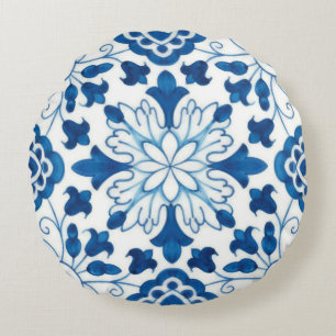 Antikes portugiesisches blaues Azulejos-Fliesenmus Rundes Kissen