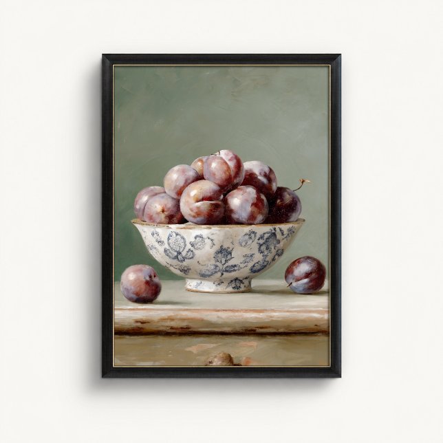 Antikes Poster mit Pflaumen-Fruchtbowle (Plum Fruit Bowl Wall Art Poster - close-up view (frame/decor not included))