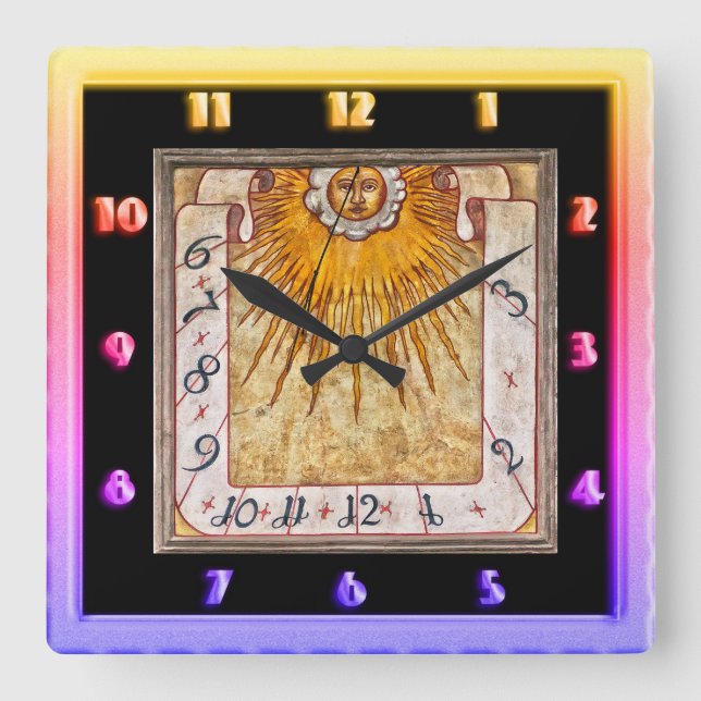 Antikes prähistorisches Sonnenrad mit einem Gesich Quadratische Wanduhr (Vorderseite)