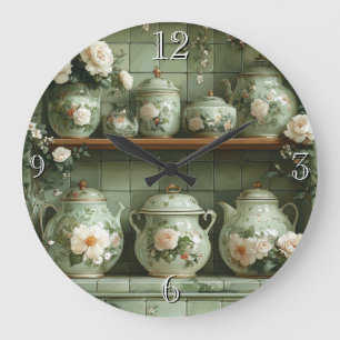 Antikes Regal Retro-grüner Teekessel Rosen-Dosen Große Wanduhr