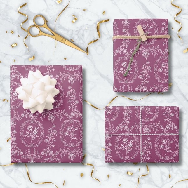 Antikes Rokoko-Blumen-Blumenmuster Geschenkpapier Set (In situ)
