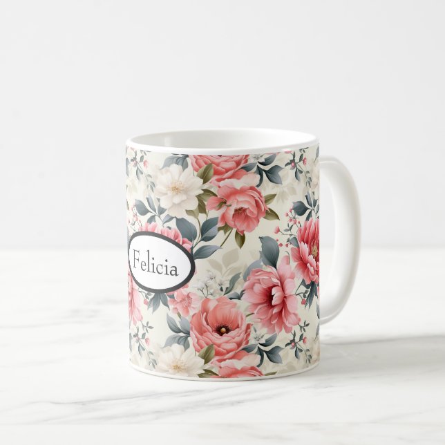 Antikes Rosa Blumenmuster Kaffeetasse (VorderseiteRechts)
