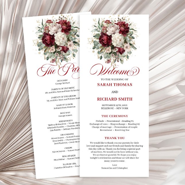 Antikes Rosa-Burgunder-Hochzeitsprogramm mit Blume Programm (Vintage Blush Burgundy Floral Wedding Program)