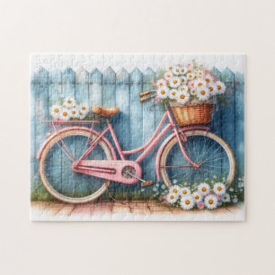 Antikes rosa Fahrrad mit Gänseblümchen Puzzle