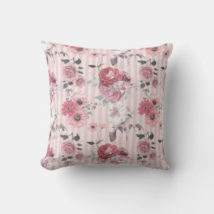 Antikes rosa gestreiftes Blumenmuster Kissen