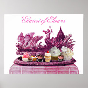 ANTIKES ROSA SCHWANENWAGEN MIT CUPCAKES POSTER